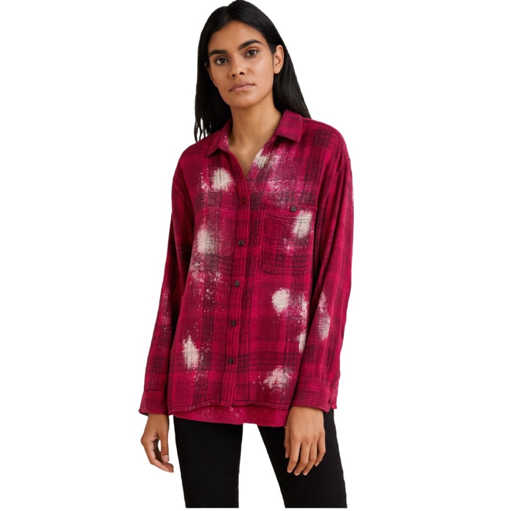 Bleached Splatter Paint Plaid Flannel Button Down – soft cozy, pink & red ✨